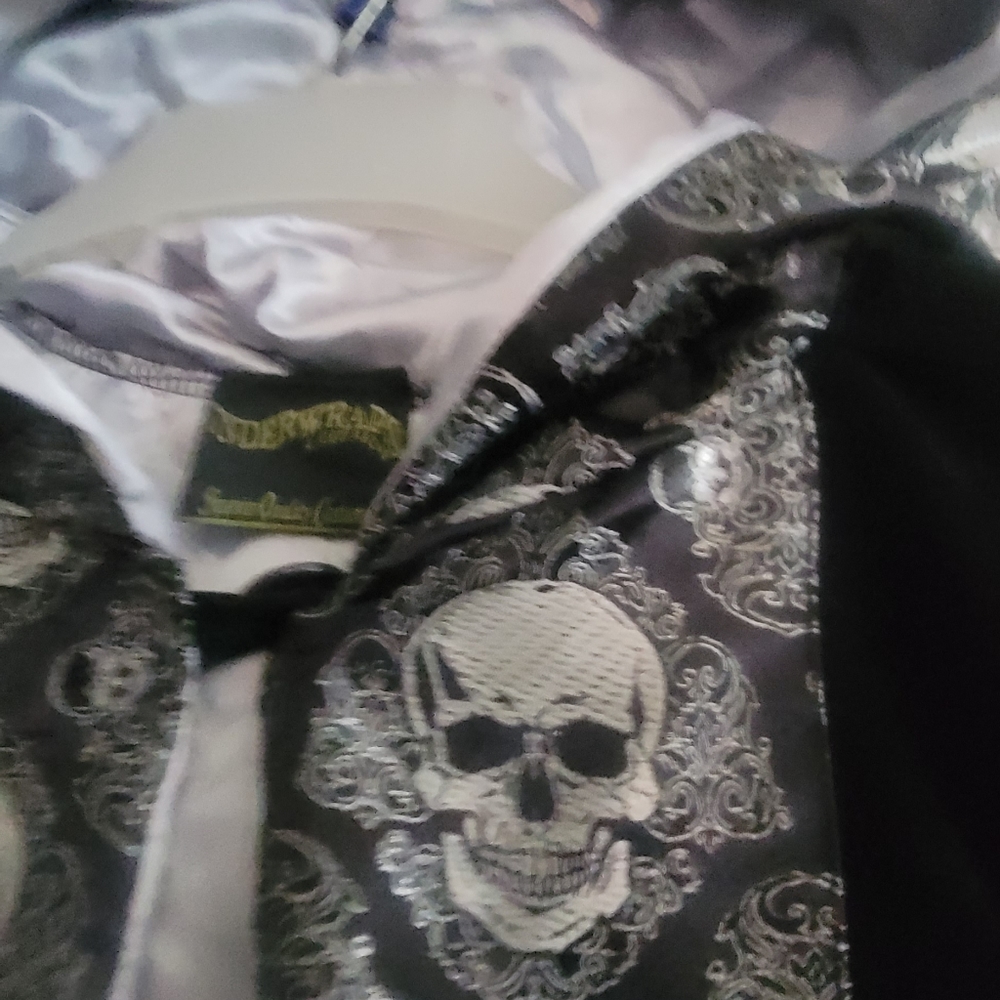 Black Velvet And Siver Satin Cape With Hood And skulls